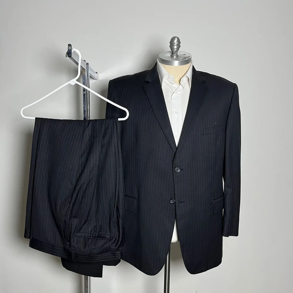 Pronto Uomo Suit Mens 50R 40W Black Pinstripe 100% Wool 2-Button Business